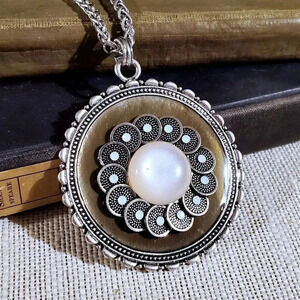 Smoky Taupe Antiqued Silver Enameled Medallion Round Statement Pendant Necklace